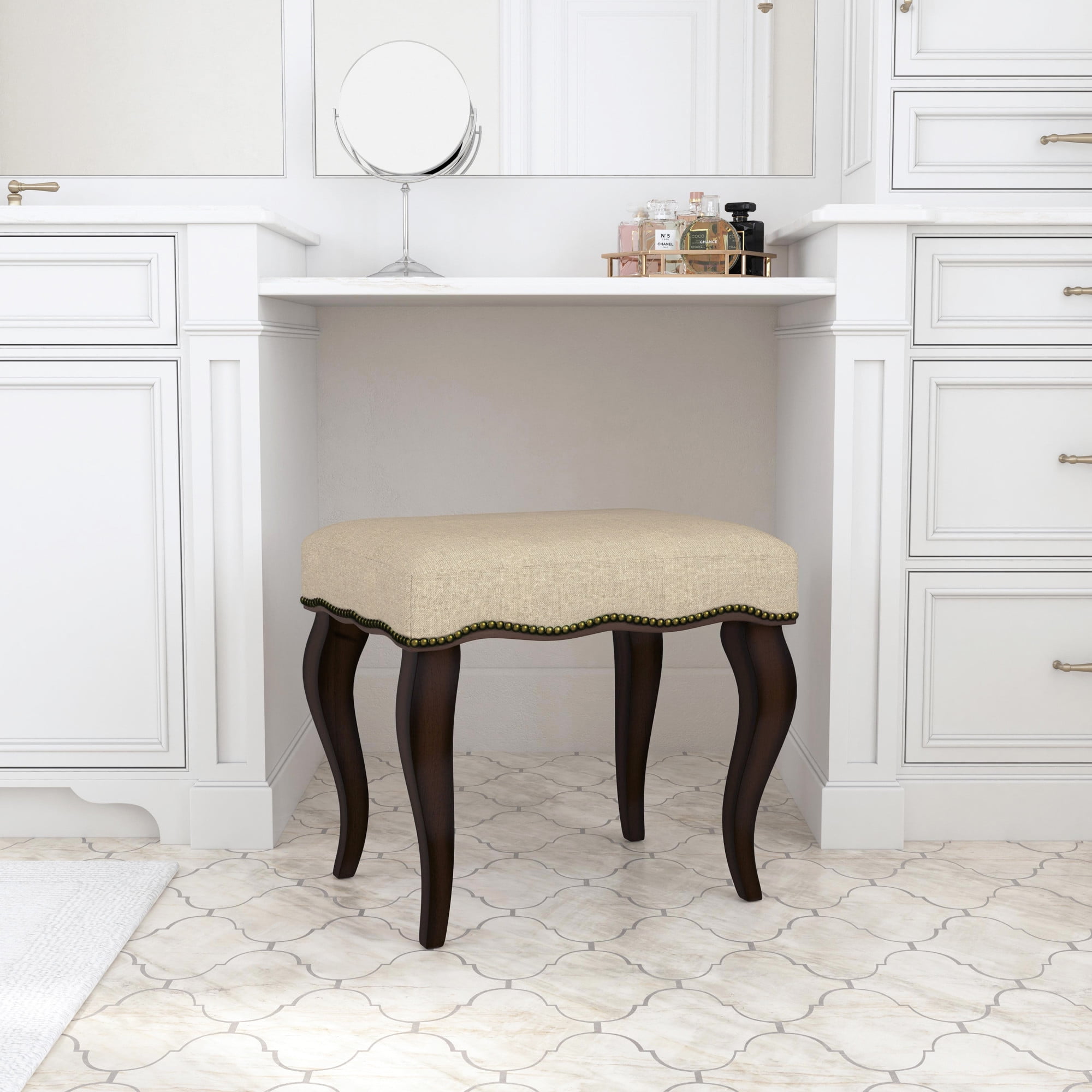 19" Burnished Oak and Cream Upholstered Backless Vanity Stool