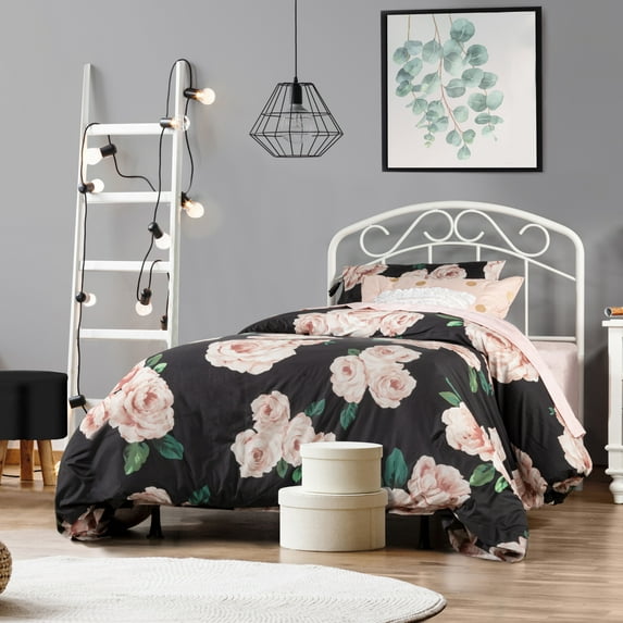 Hillsdale Jolie Arched Scroll Metal Twin Headboard in Textured White with Black Bed Frame