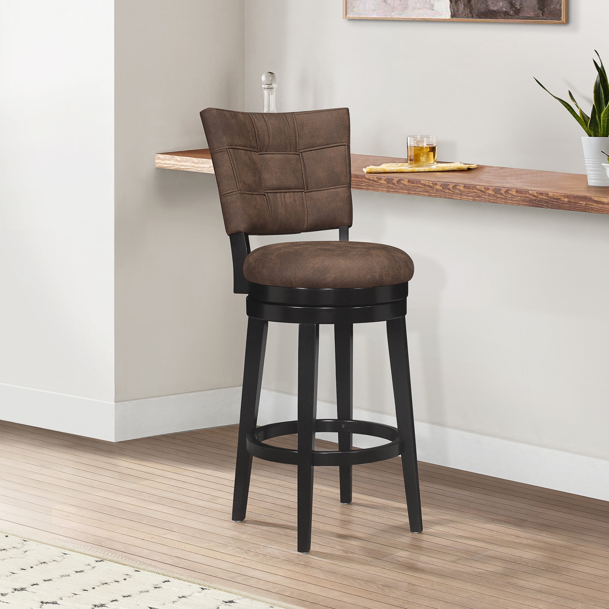 Chestnut Brown Faux Leather & Black Rubberwood Swivel Barstool