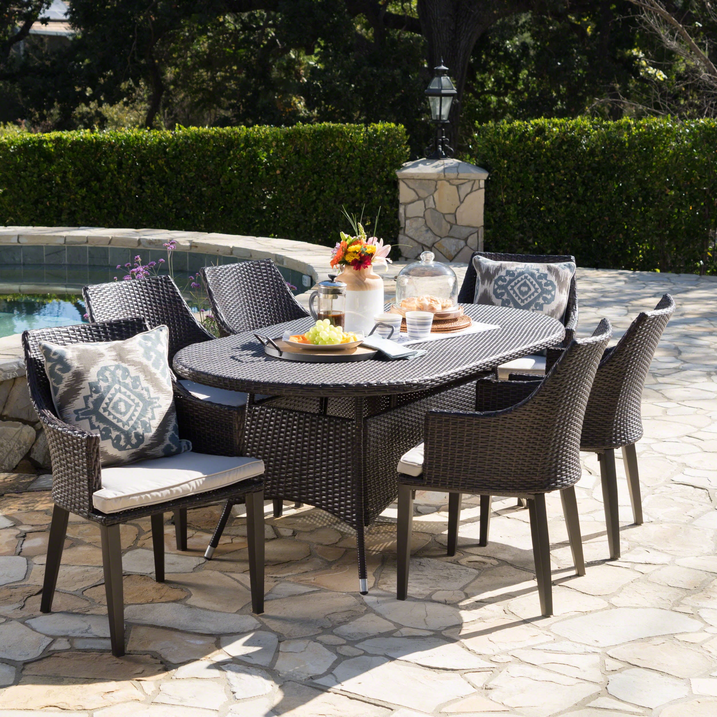 Hillsdale Outdoor 7 Piece Wicker Oval Dining Set with Cushions, Multibrown, Light Brown