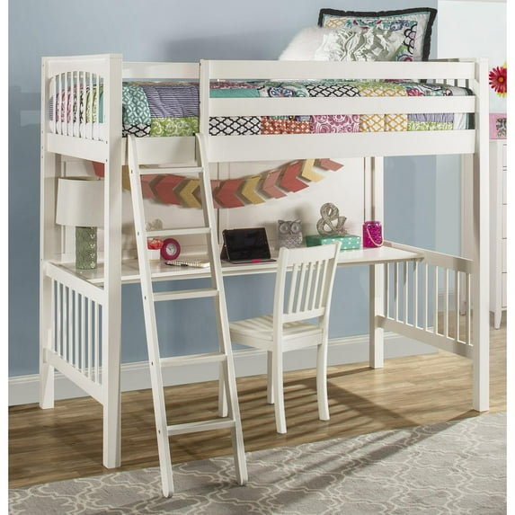 Hillsdale Pulse Wood Twin Loft Bed Loft Bed with Chair in White