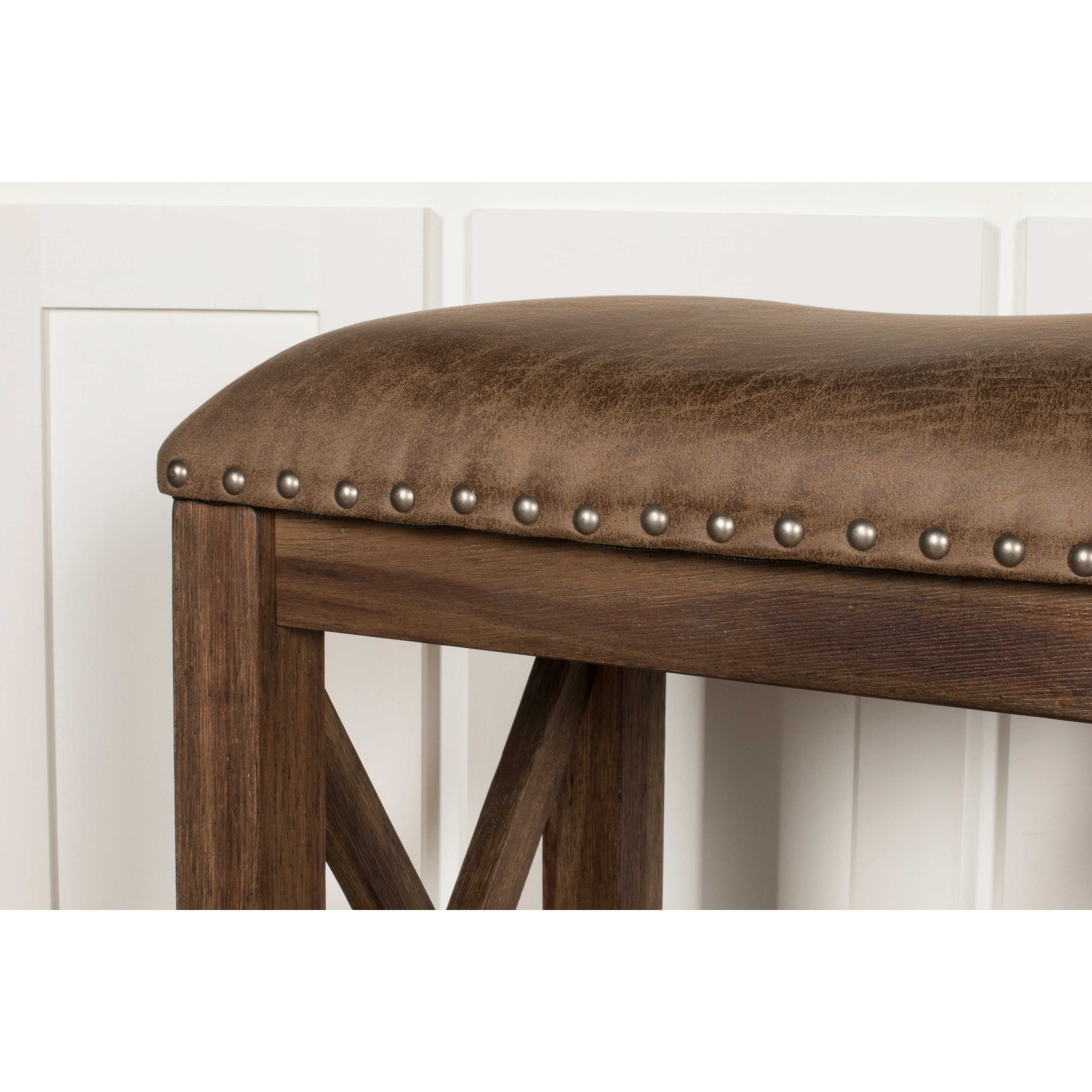 Antique Brown Walnut Backless Counter Height Stool with Faux Leather Seat