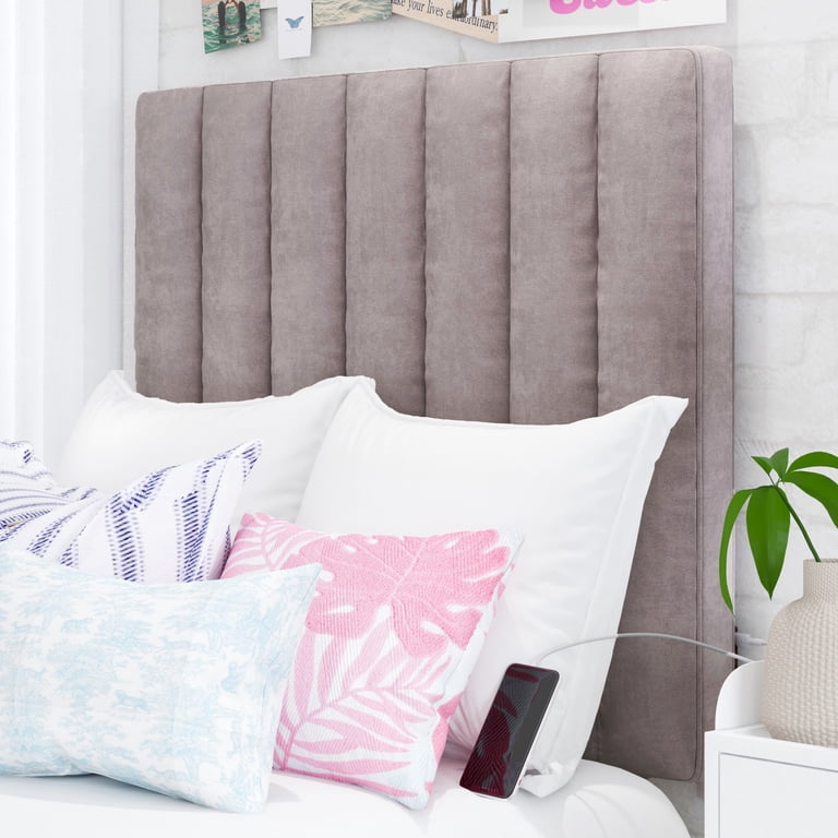 Hillsdale Upholstered Velvet Channel Stitched Hanging Twin Headboard with USB Charging, Gray