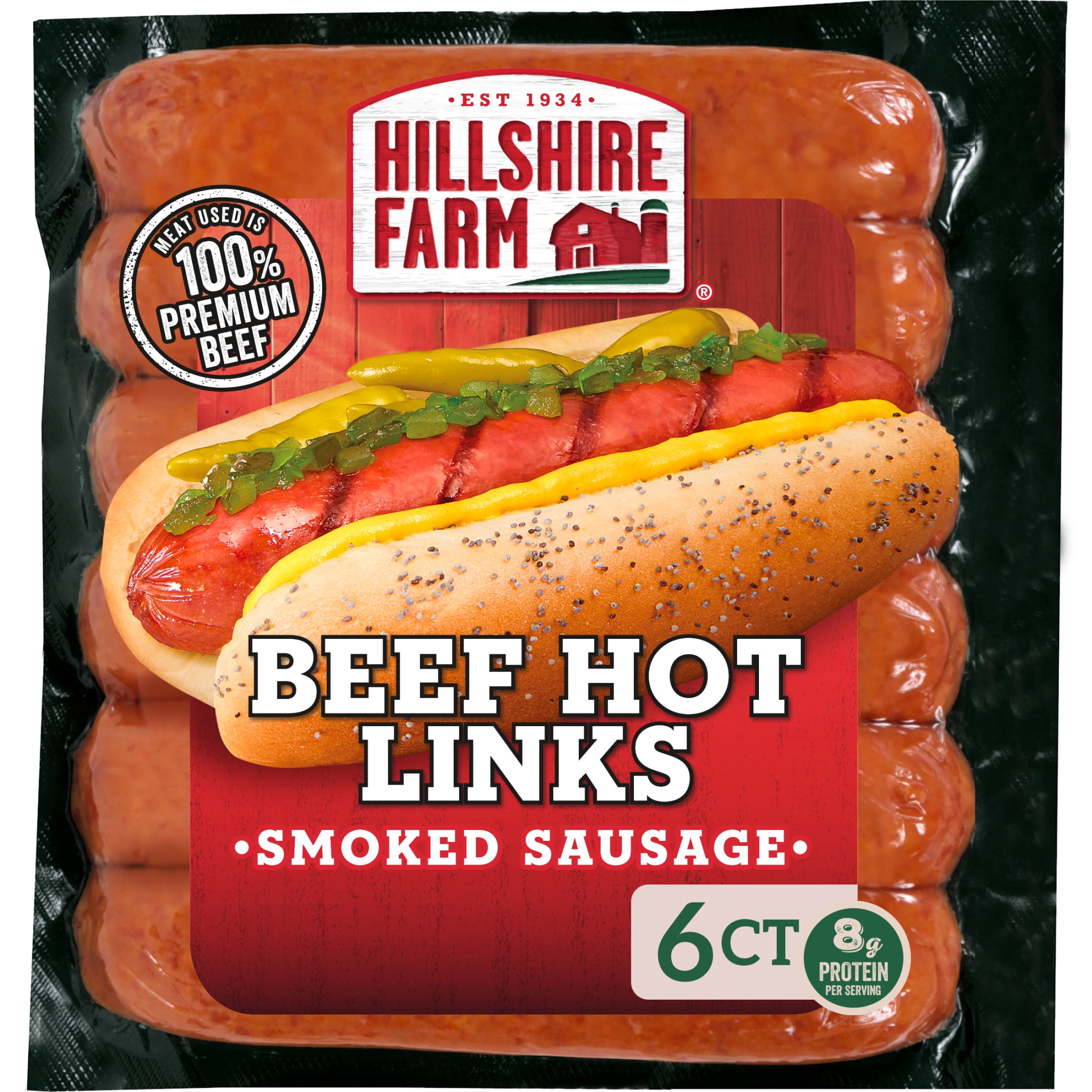 Hillshire Farm Beef Hot Smoked Sausage Links with Spicy Red Pepper, 12 oz, 6 Count