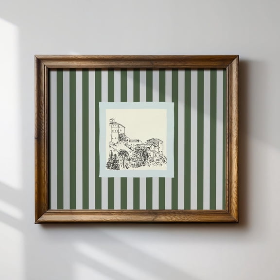 Hillside French Style Blue And Green Striped Illustration Cottage Core Horizontal Wall Art Prints, Living Room And Gallery Wall Decor