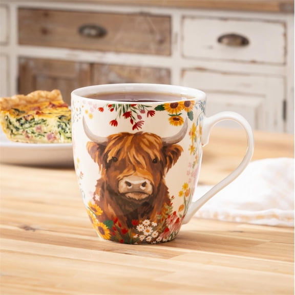 Hillside Pasture Coffee Cup Ceramic Cup O' Java, Floral Highland Cow, 17oz, Gift Box
