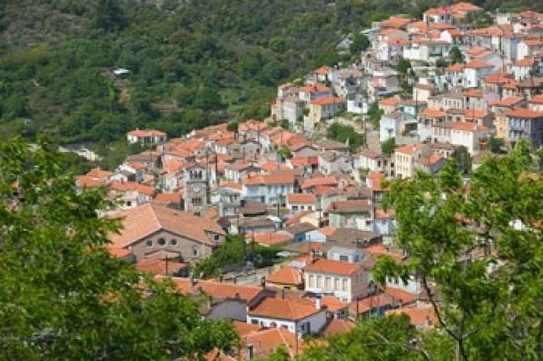 Hillside Town View Agiasos Lesvos Mytilini Aegean Islands Greece Canvas Art - Walter Bibikow DanitaDelimont (28 x 19)