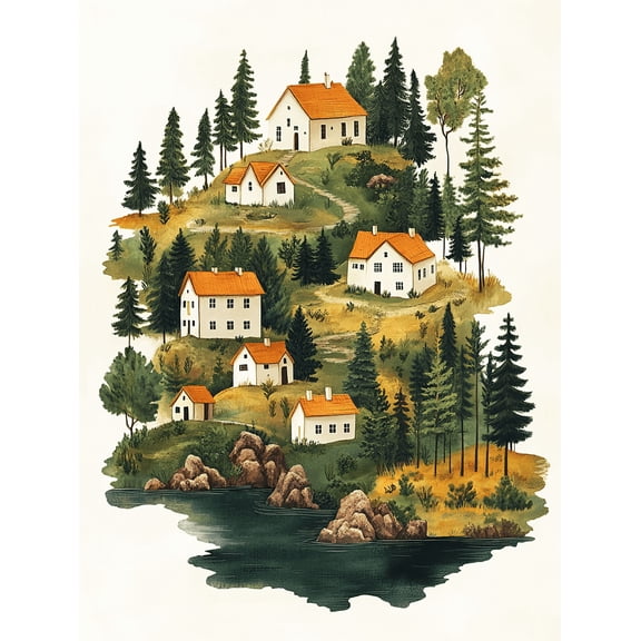 Hillside Village Landscape Canvas Print/Wall Art Suitable for Living RoomDining Room and Hallway Decoration.