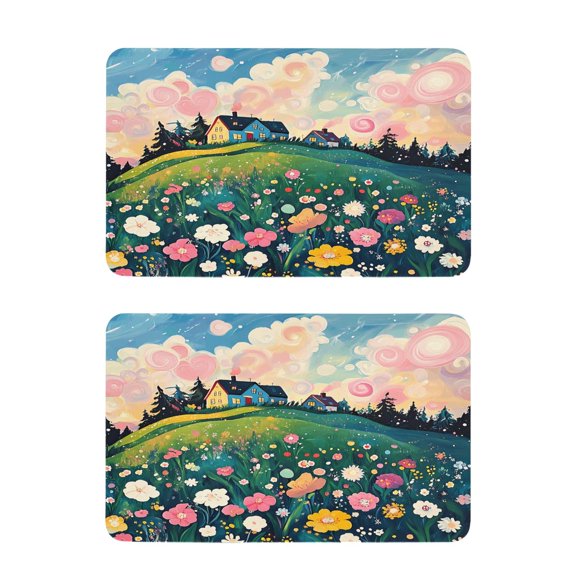 Hillside with Wildflowers and Houses Strong Fridge Magnets Refrigerator Magnets Sticker Decor for Whiteboards Locker 4"x2.5" 2 Pack