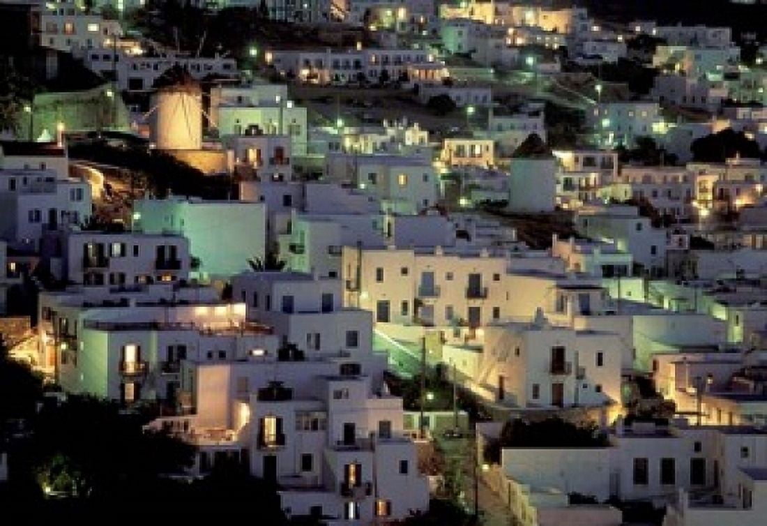 Hilltop Buildings at Night Mykonos Cyclades Islands Greece Canvas Art - Walter Bibikow DanitaDelimont (24 x 15)