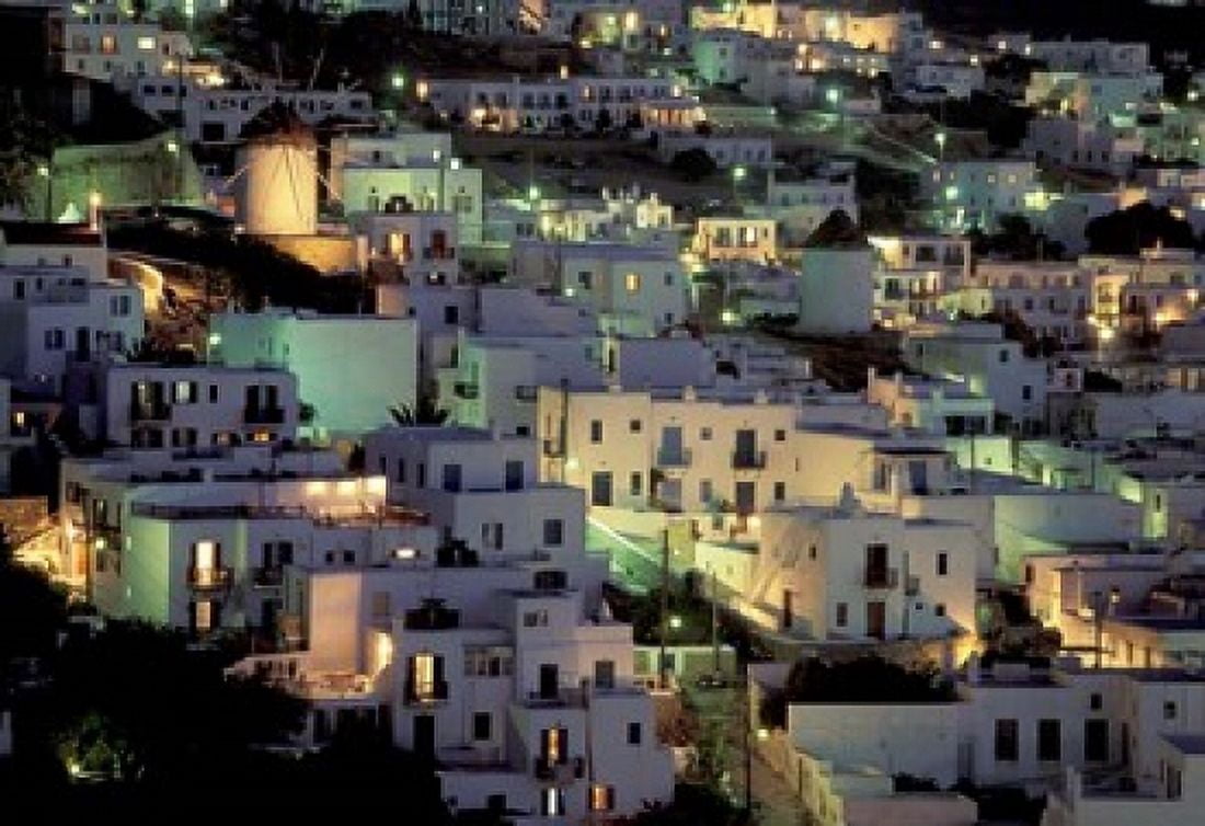 Hilltop Buildings at Night Mykonos Cyclades Islands Greece Canvas Art - Walter Bibikow DanitaDelimont (35 x 24)