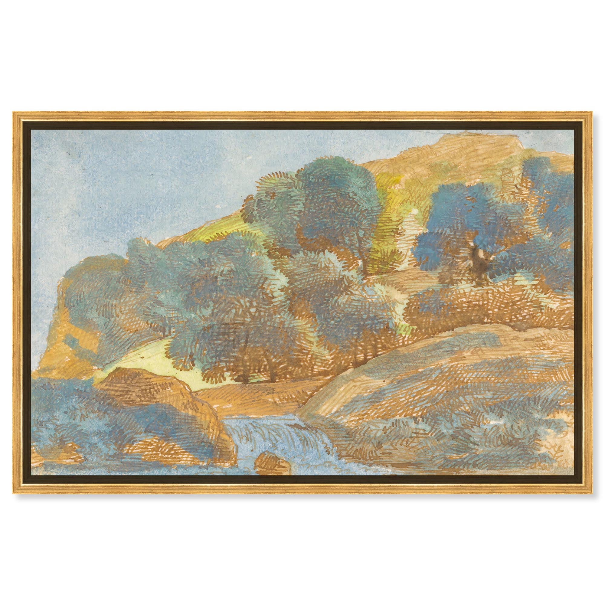 Large Blue and Brown Landscape Canvas Print with Gold Frame