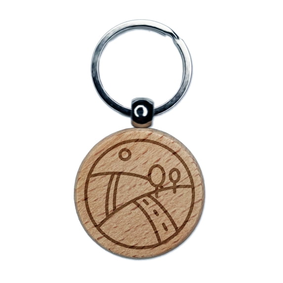 Hilly Roadscape Round Keychain Charm Tag - Engraved Wood