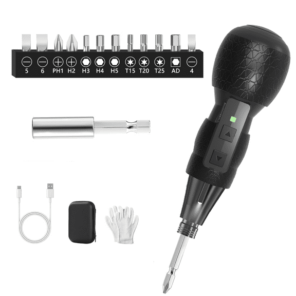 Hillyfe Electric Cordless Screwdriver, 3.7V Rechargeable Lithium-ion Battery with LED Light, Small Screwdriver with 13pcs Bits, Black