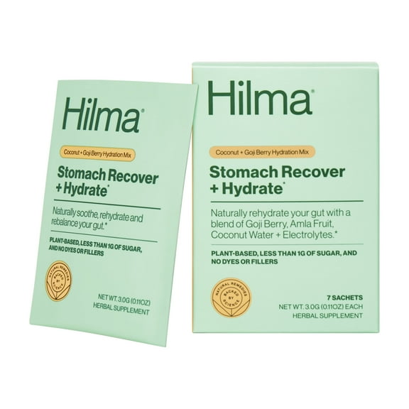 Hilma Stomach Recover and Hydrate Herbal Supplement Vegan Sachets, Natural Hydration Drink Mix, Doctor Formulated, 7 Count