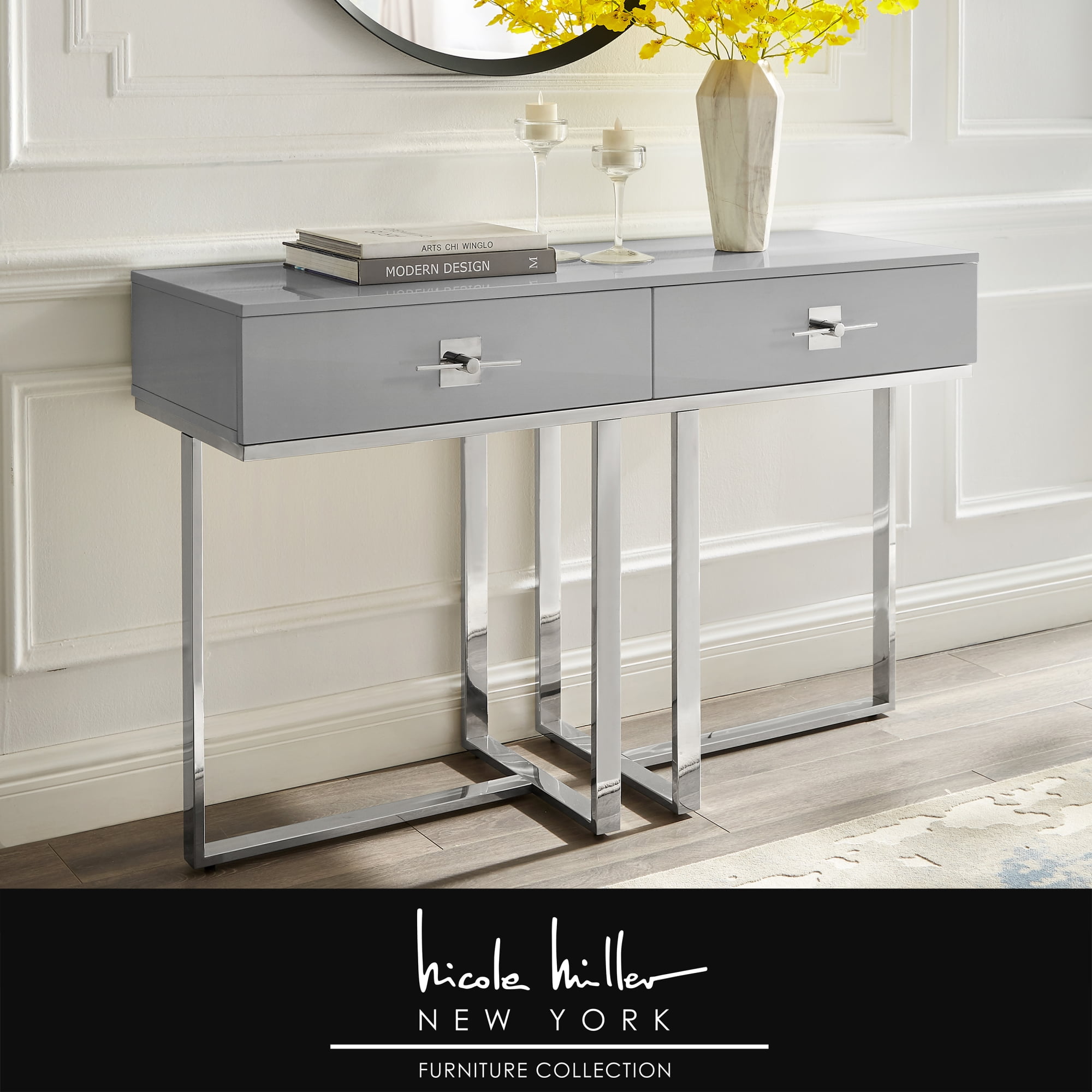 Chrome console table with drawers deals
