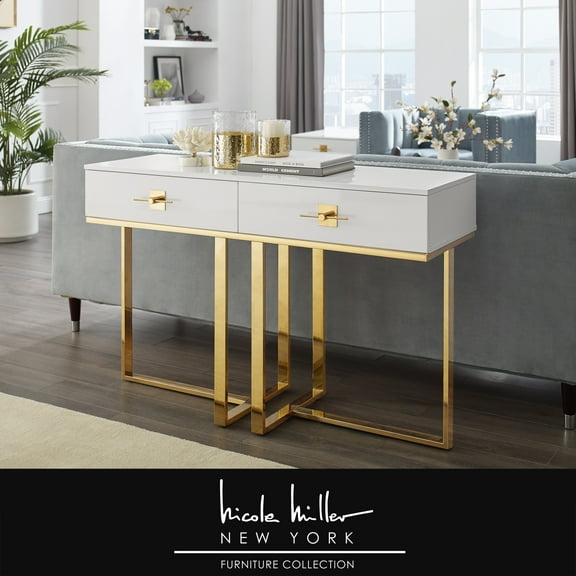 Hilo Console Table - 2 Drawers, Hight Gloss Lacquer Finish, Polished Stainless Steel Base, White/Gold