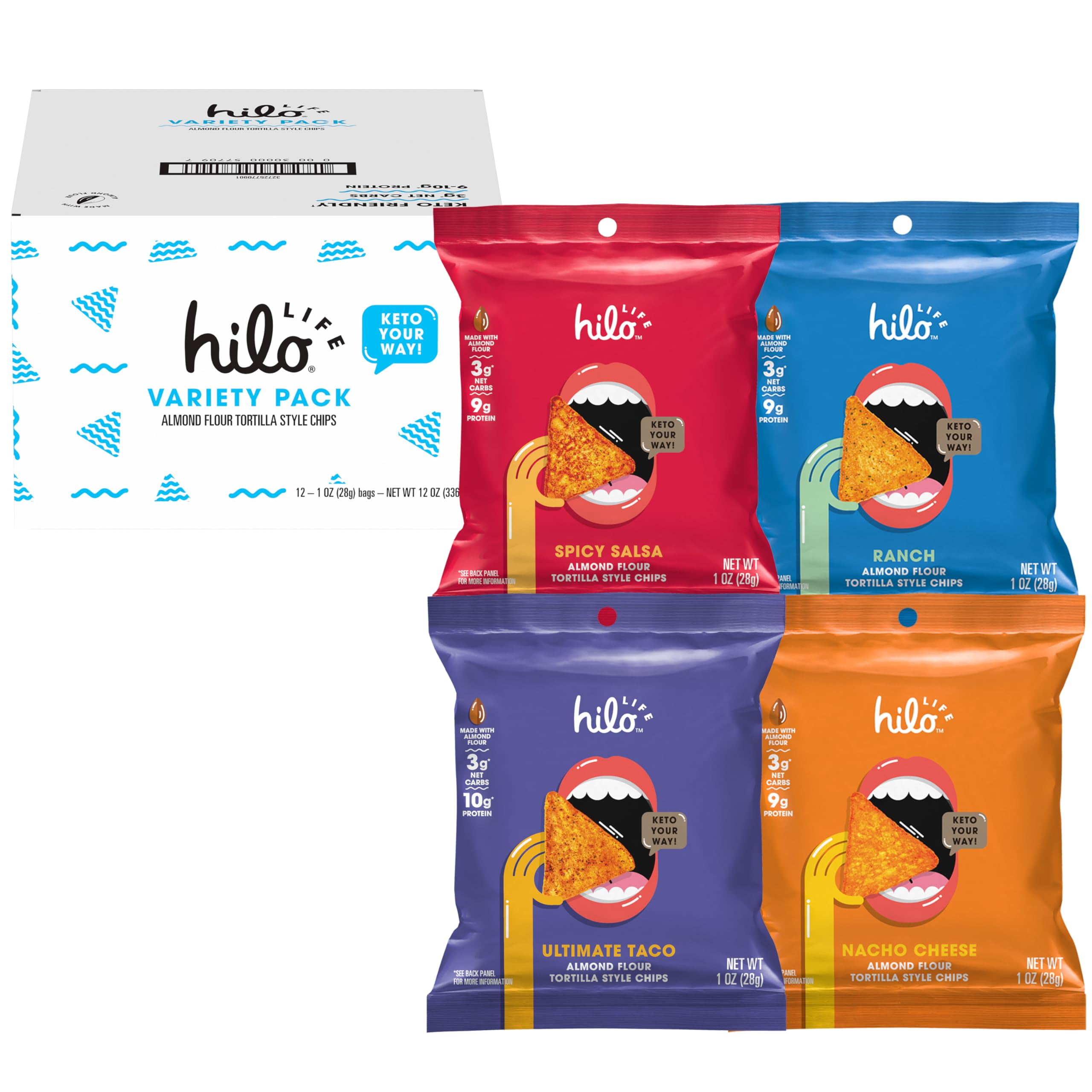 Hilo Life Low Carb CM31 Keto Friendly Tortilla Chip Snack Bags, Variety
