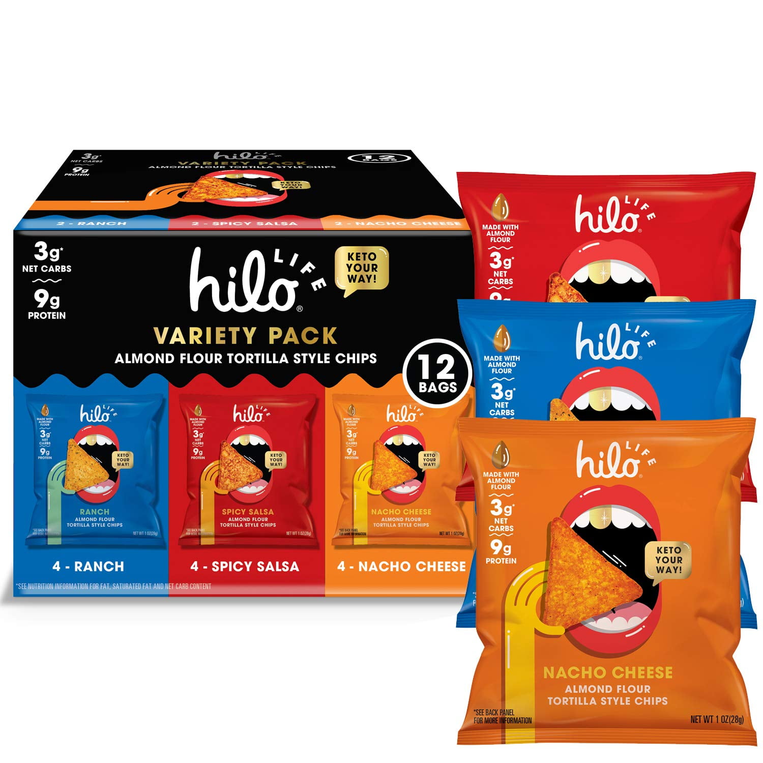 Hilo Life, Low Carb Keto Friendly Tortilla Chip Snack Bags Nacho Cheese Ranch Spicy Salsa, Variety Pack, 12 Count