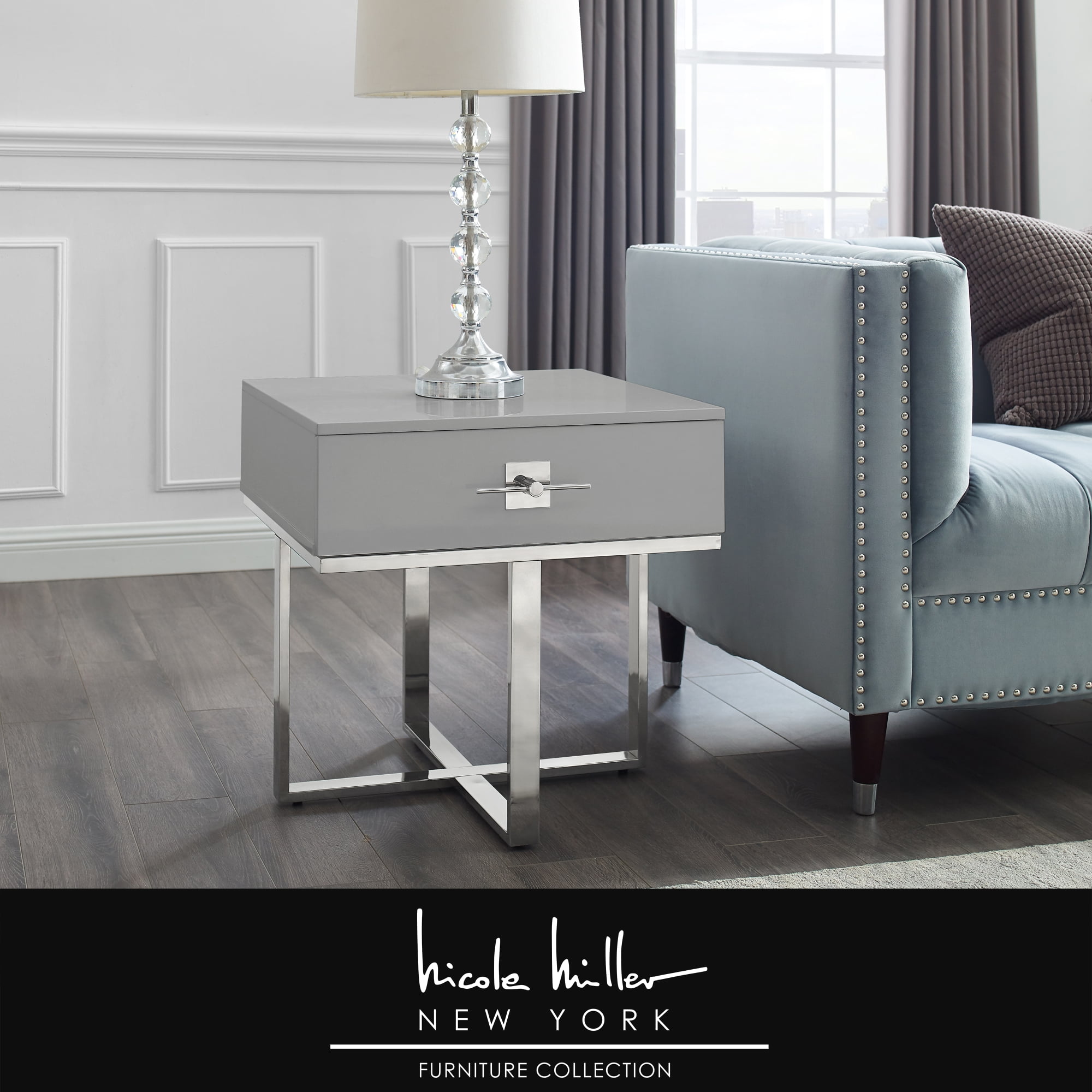 Hilo Light Grey Chrome Side Table - 1 Drawer, Hight Gloss Lacquer Finish, Polished Stainless Steel Base