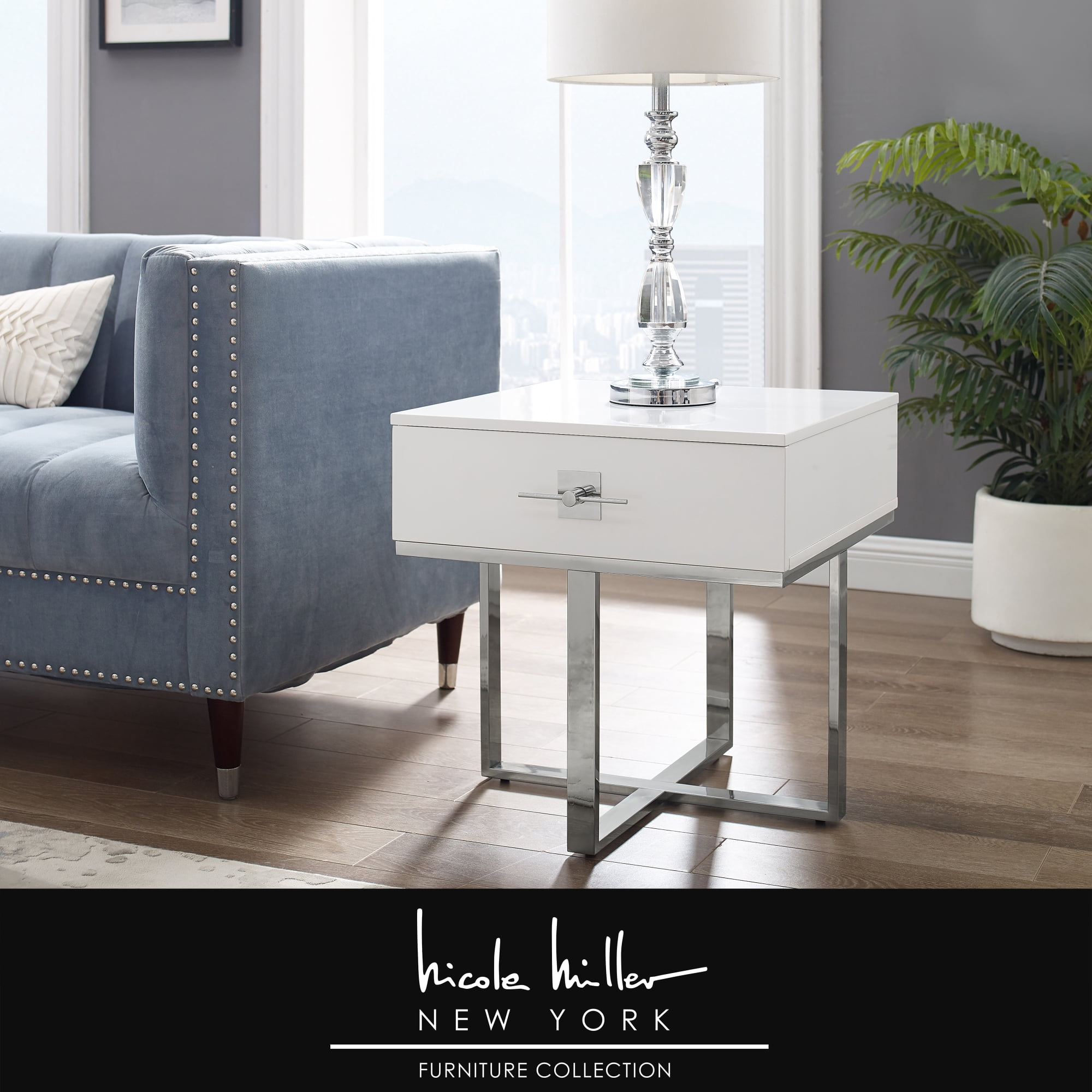 Hilo White Chrome Side Table - 1 Drawer, Hight Gloss Lacquer Finish, Polished Stainless Steel Base