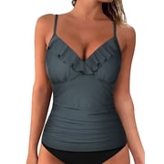 Hilor Women Tankini Top Shirred Ruffled Swimsuits V Neck Bathing Suit Tops