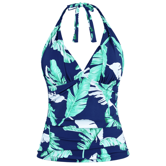 Hilor Women's Bathing Suit Plunging V Neck Halter Swim Tops Shirred Tummy Control Tankini Top