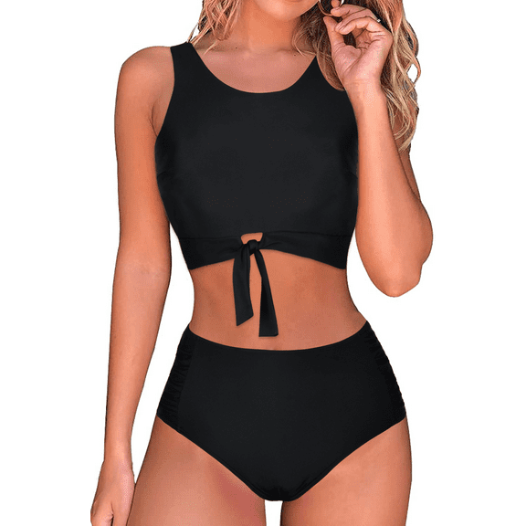 Hilor Women's High Waisted Bikini Two Piece Swimsuits High Neck Bathing Suits Knotted Front Tankini Sets