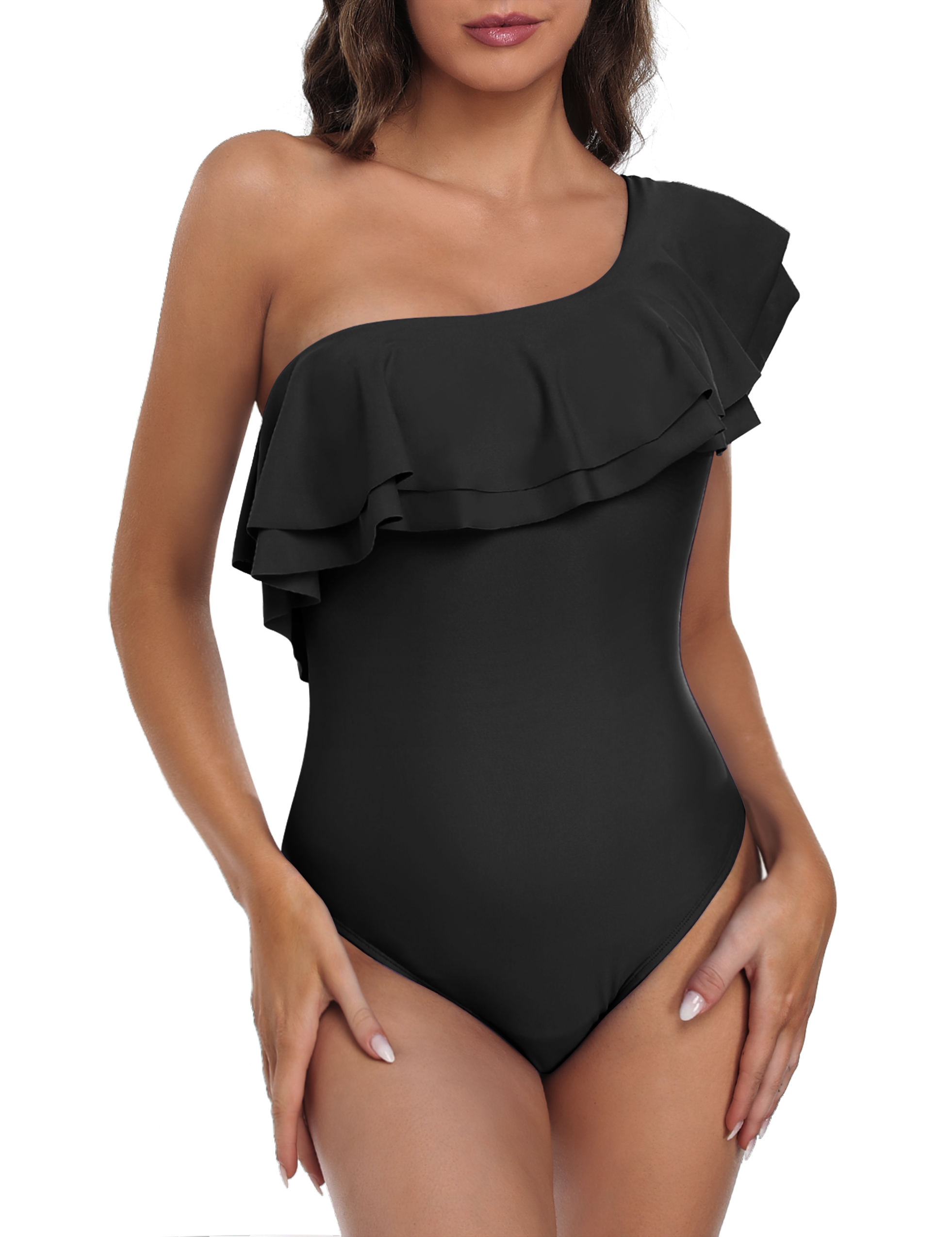 Hilor Women's One Piece Swimsuits Asymmetric Double Ruffles One Shoulder Swimwear