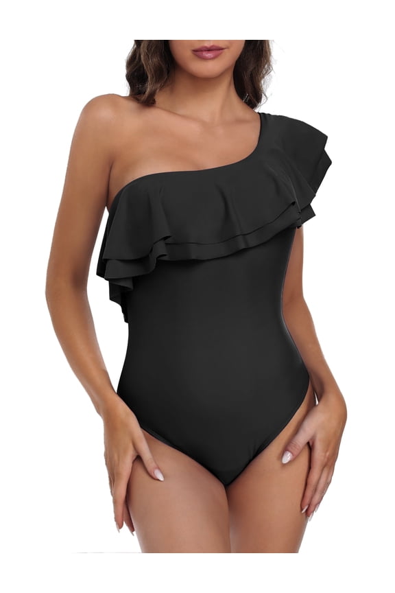 Women's One Piece Swimsuits Asymmetric Double Ruffles One Shoulder Swimwear