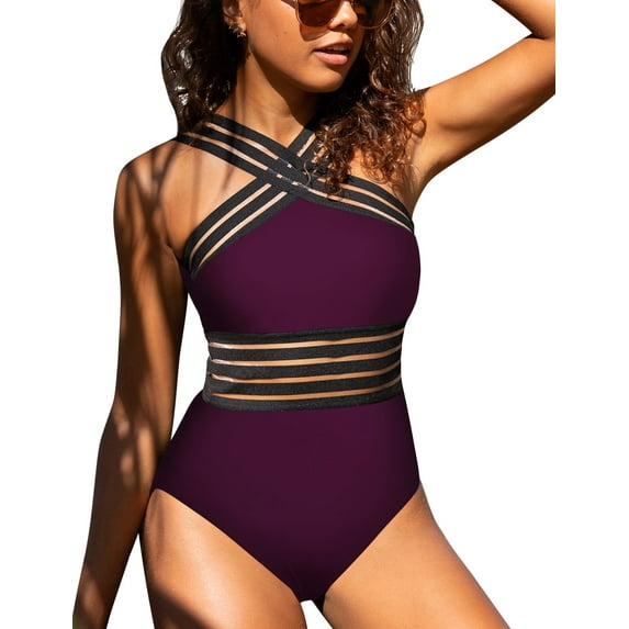 Hilor Women's One Piece Swimsuits Front Crossover Swimwear Hollow Bathing Suits Monokinis
