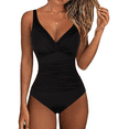 thumbnail image 1 of Hilor Women's One Piece Swimsuits Pin Tucked Surplice Tummy Control Monokinis, 1 of 8