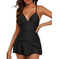 thumbnail image 1 of Hilor Women's One Piece Swimsuits Shirred Tummy Control Bathing Suits V Neck Skirted Swimdress with Swim Brief Black 16, 1 of 9