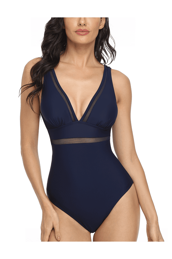 Women's One Piece Swimsuits V Neck Bathing Suits Low Back Mesh Monokini Swimwear