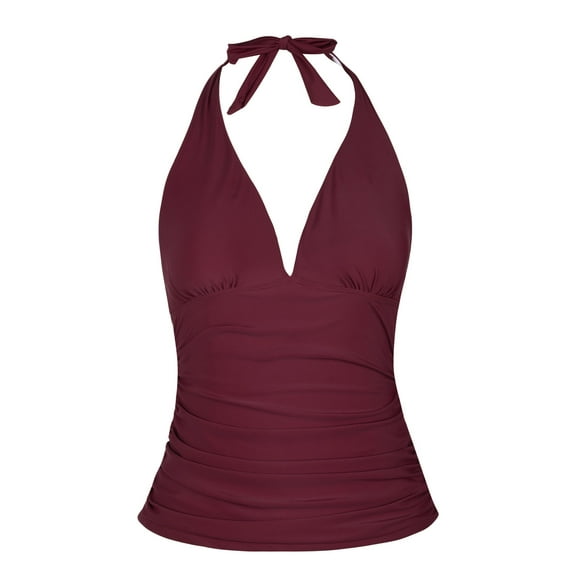 Hilor Women's Plunging V Neck Halter Swim Tops Shirred Tankini Top