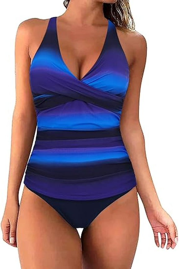 Women's Tankini Bathing Suits Front Twist V Neck Swimsuit Two Piece Tummy Control Swimwear
