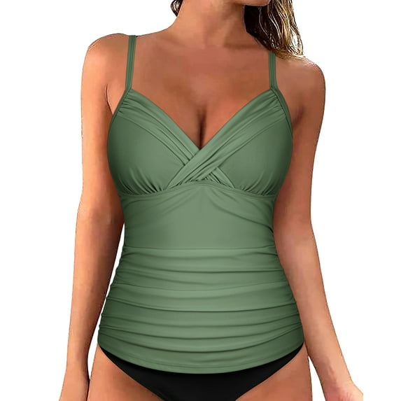Hilor Women's Tankini Tops Ruched Swimsuits Tummy Control Swimwear Cross Wrap V Neck Bathing Suit Top Only