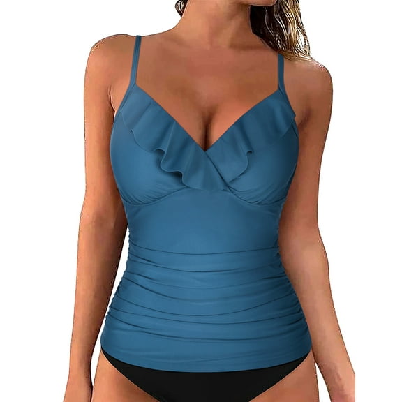 Hilor Women's Tankini Tops Shirred Ruffled Swimsuits V Neck Swimwear Top