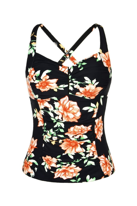 Women's Tankini Tops Shirred Tummy Control Swimsuits Cross Back Tankini Swimwear Tops