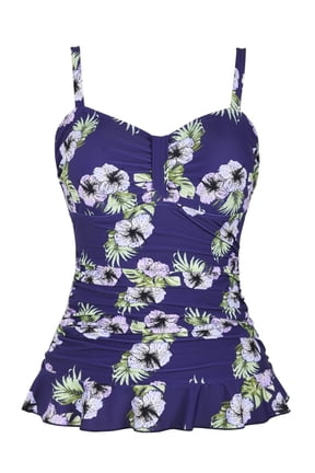 Womens 50's Retro Ruched Tankini Tops Ruffle Hem Swimsuit Tops Plus Size Swimwear Tops