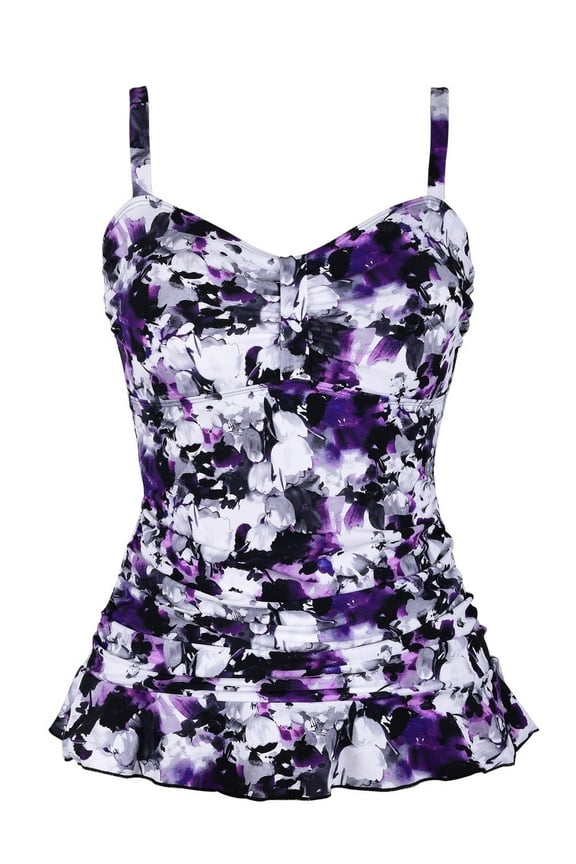 Womens 50's Retro Ruched Tankini Tops Ruffle Hem Swimsuit Tops Plus Size Swimwear Tops