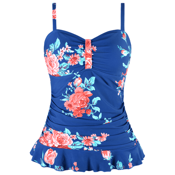 Hilor Womens 50's Retro Ruched Tankini Tops Ruffle Hem Swimsuit Tops
