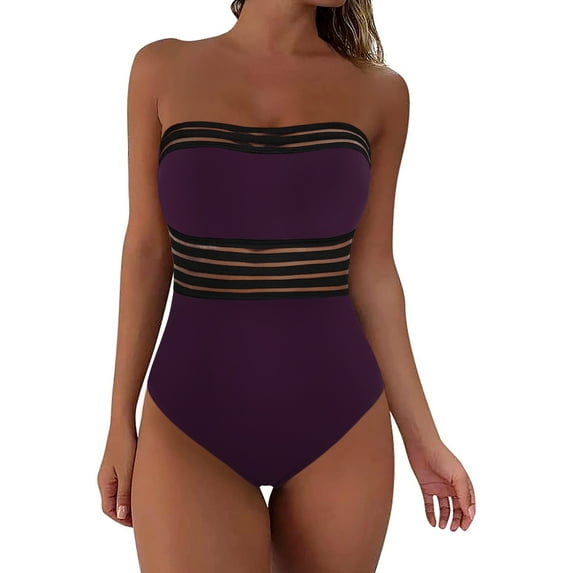 Hilor Womens Bandeau One Piece Bathing Suits Tummy Control Swimsuit Halter Swimwear Monokini