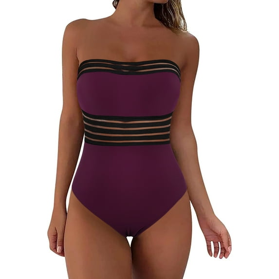 Hilor Womens Bandeau One Piece Bathing Suits Tummy Control Swimsuit Halter Swimwear Monokini