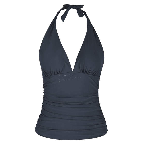 Hilor Womens Bathing Suit Tops Plunging V Neck Halter Swimwear Top Shirred Tankini Top
