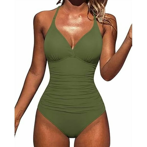 Hilor Womens Halter One Piece Bathing Suits Macrame Back Swimsuits Tummy Control Swimwear