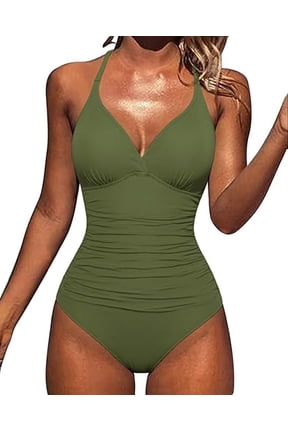 Womens Halter One Piece Bathing Suits Macrame Back Swimsuits Tummy Control Swimwear