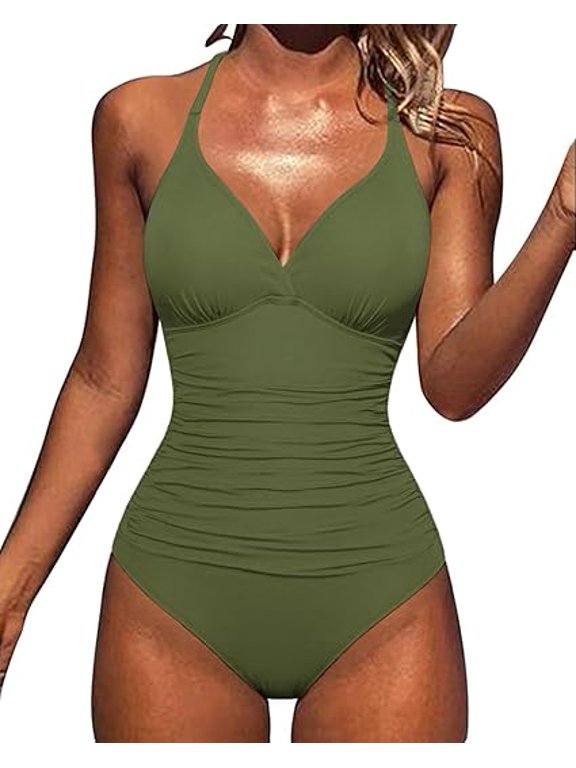 Womens Halter One Piece Bathing Suits Macrame Back Swimsuits Tummy Control Swimwear