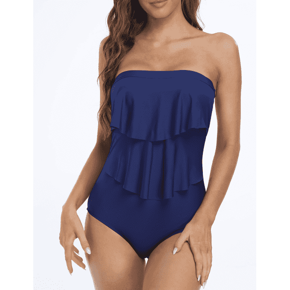 Hilor Womens One Piece Bathing Suits Bandeau Swimsuits Ruffle Swimwear Monokini