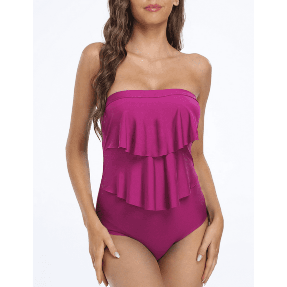 Hilor Womens One Piece Strapless Swimsuits Layered Flounce Swimwear Monokini Bathing Suits